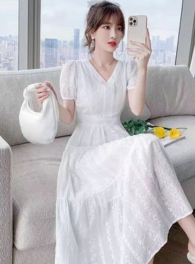 纯棉白色连衣裙女2025夏季气质修身中长裙高级感法式名媛优雅裙子