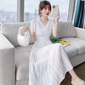 纯棉白色连衣裙女2026新款夏季修身中长裙高级感气质法式V领裙子