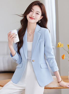 浅蓝色小西装外套女2024春秋新款韩版小个子修身时尚小西服上衣女