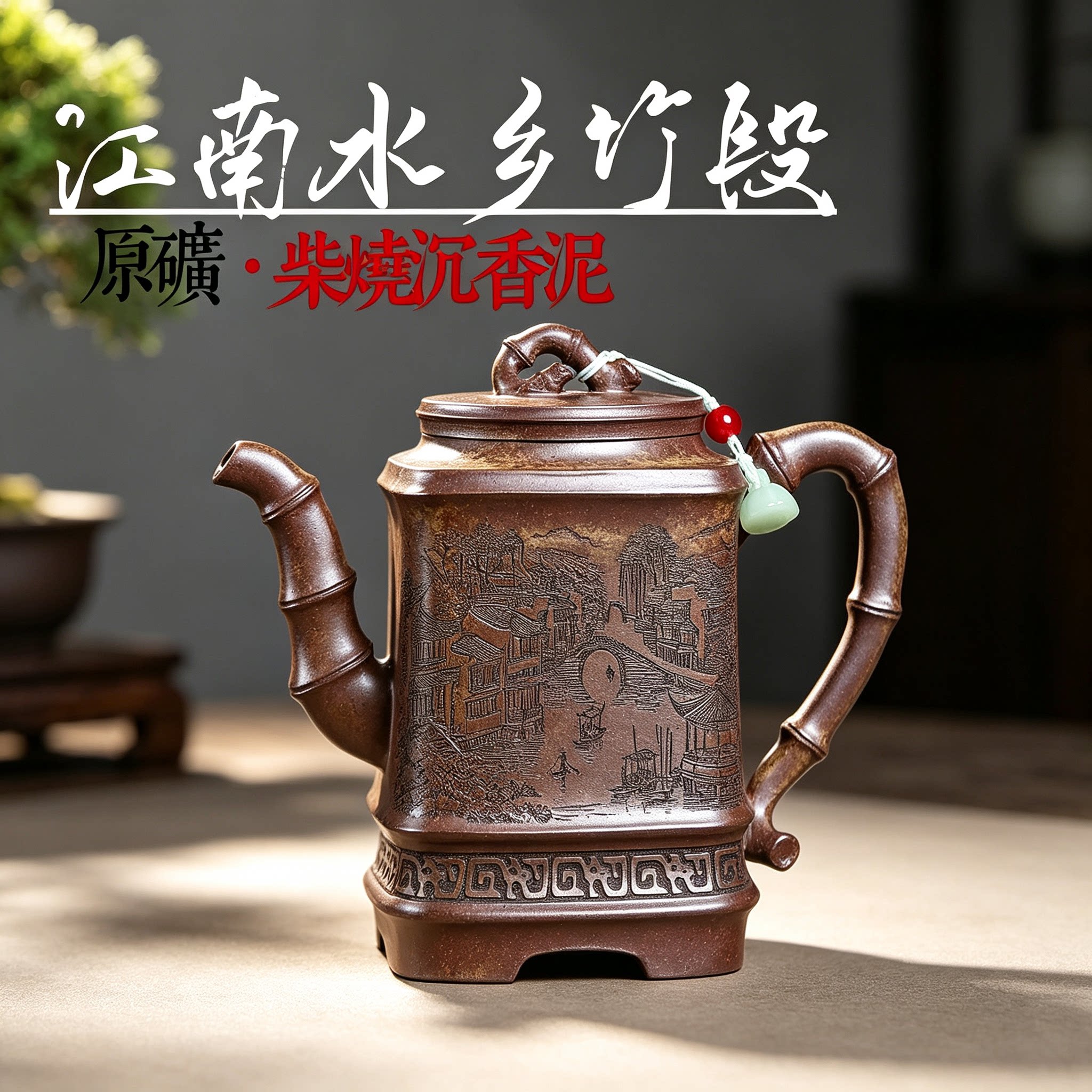 宜兴手工紫砂壶高温柴烧沉香泥江南水乡竹段壶家用功夫泡茶茶具