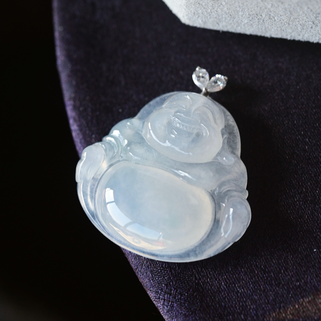 一斤钻戒 天然缅甸A货翡翠吊坠 弥勒佛翡翠吊坠 立体有型 18k金