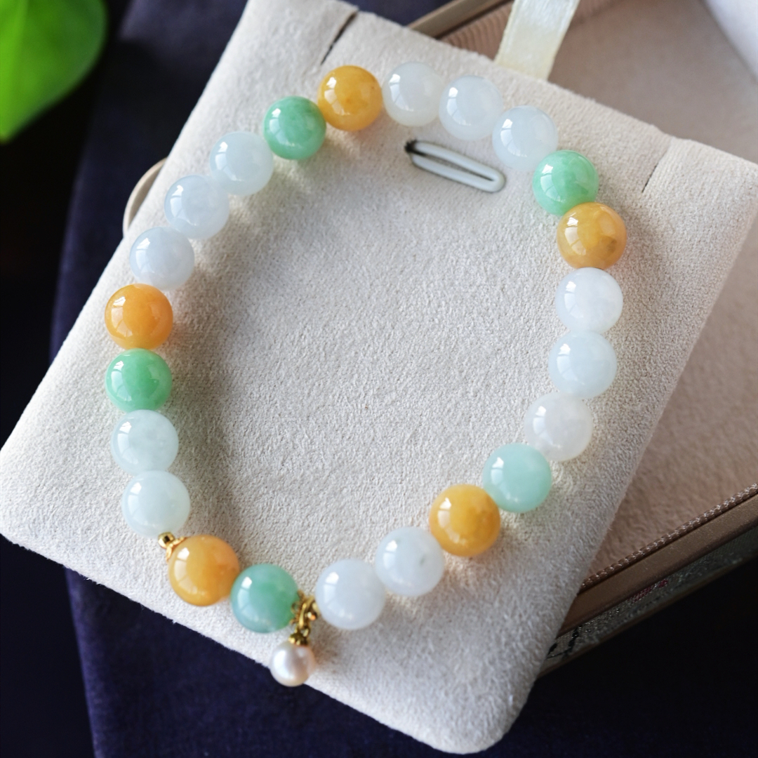 一斤钻戒 天然缅甸A货翡翠手串手链 多宝珠串 18k金