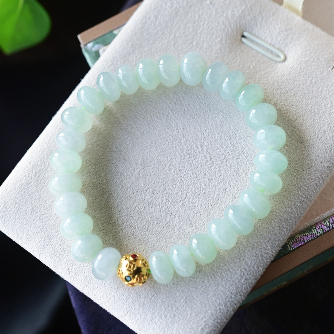 一斤钻戒 天然缅甸A货翡翠手串 胖嘟嘟的算牌珠串 18k金