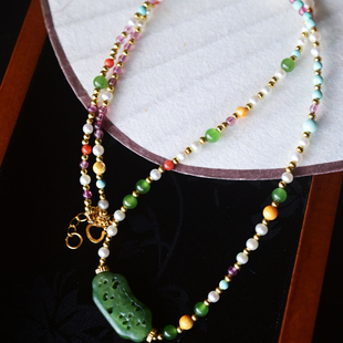 一斤钻戒 925银配饰 天然和田碧玉搭配天然碧玺绿松石多宝项链