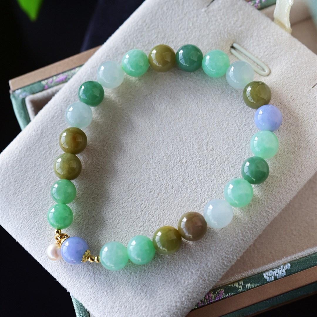 一斤钻戒 天然缅甸A货翡翠手串手链 翡翠多宝手串 18k金珍珠