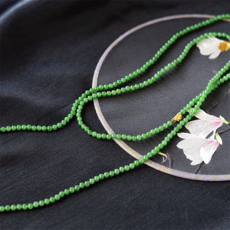 一斤钻戒冰底碧玉珠18k天然和田碧玉长珠链项链毛衣链手链两用