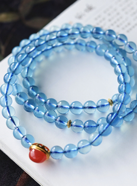 一斤钻戒 天然海蓝宝手链精品冰种料 都冰润感十足 18K金南红镶嵌