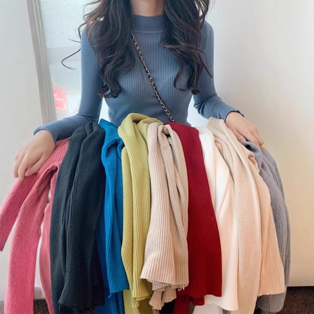 包芯纱面料 纯色半高领长袖毛衣女春季套头针织衫百搭打底衫上衣