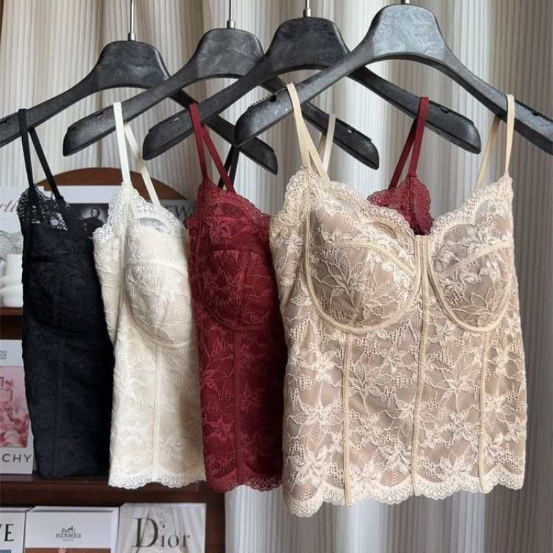 磨毛法式小吊带显瘦纯欲性感女士自带胸垫可外穿辣妹蕾丝背心跨境