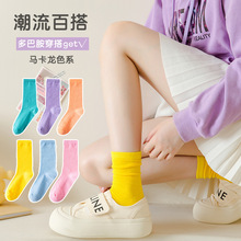 新款仿双针袜子女百搭纯色抽条堆堆袜日系涤棉竖条长筒袜子批发