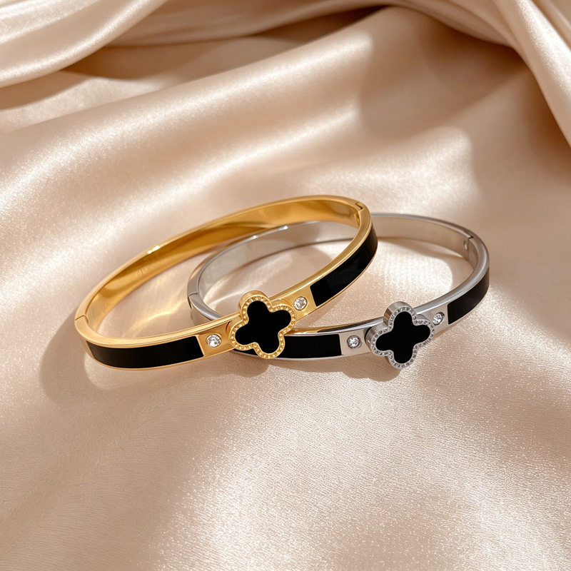 【通体钛钢】幸运草锆石欧美风钛钢手镯跨境复古时尚不锈钢手饰