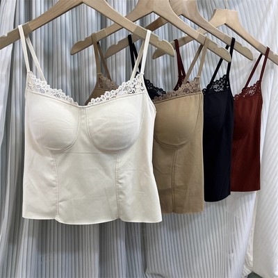 马甲线蕾丝边吊带背心纯欲性感秋冬磨毛辣妹内搭带胸垫内衣女6104