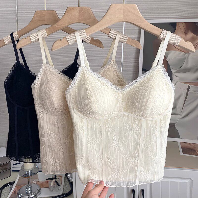 2513高级感蕾丝美背吊带女胸垫外穿一体式美背吊带背心女内搭胸垫