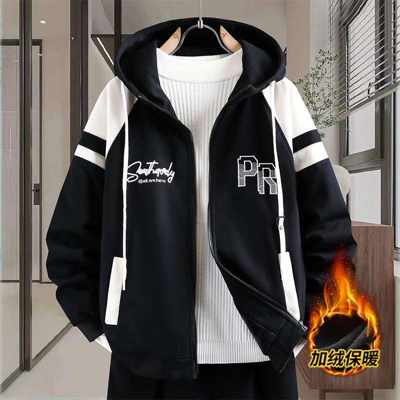 秋冬季新款连帽棒球服外套男生中学生青少年加绒加厚宽松夹克男装