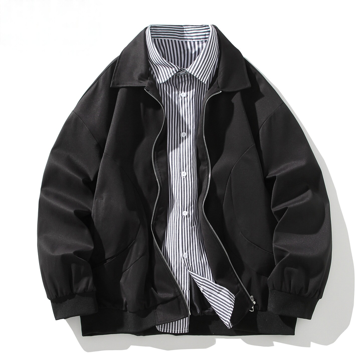假两件衬衫领外套男生春秋季新款条纹夹克潮牌休闲宽松帅气男装士