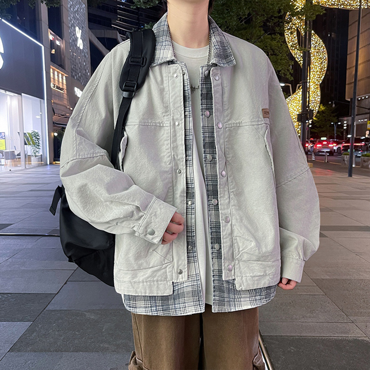 假两件格子牛仔外套男生春秋季新款青少年宽松衬衫夹克男装士潮牌