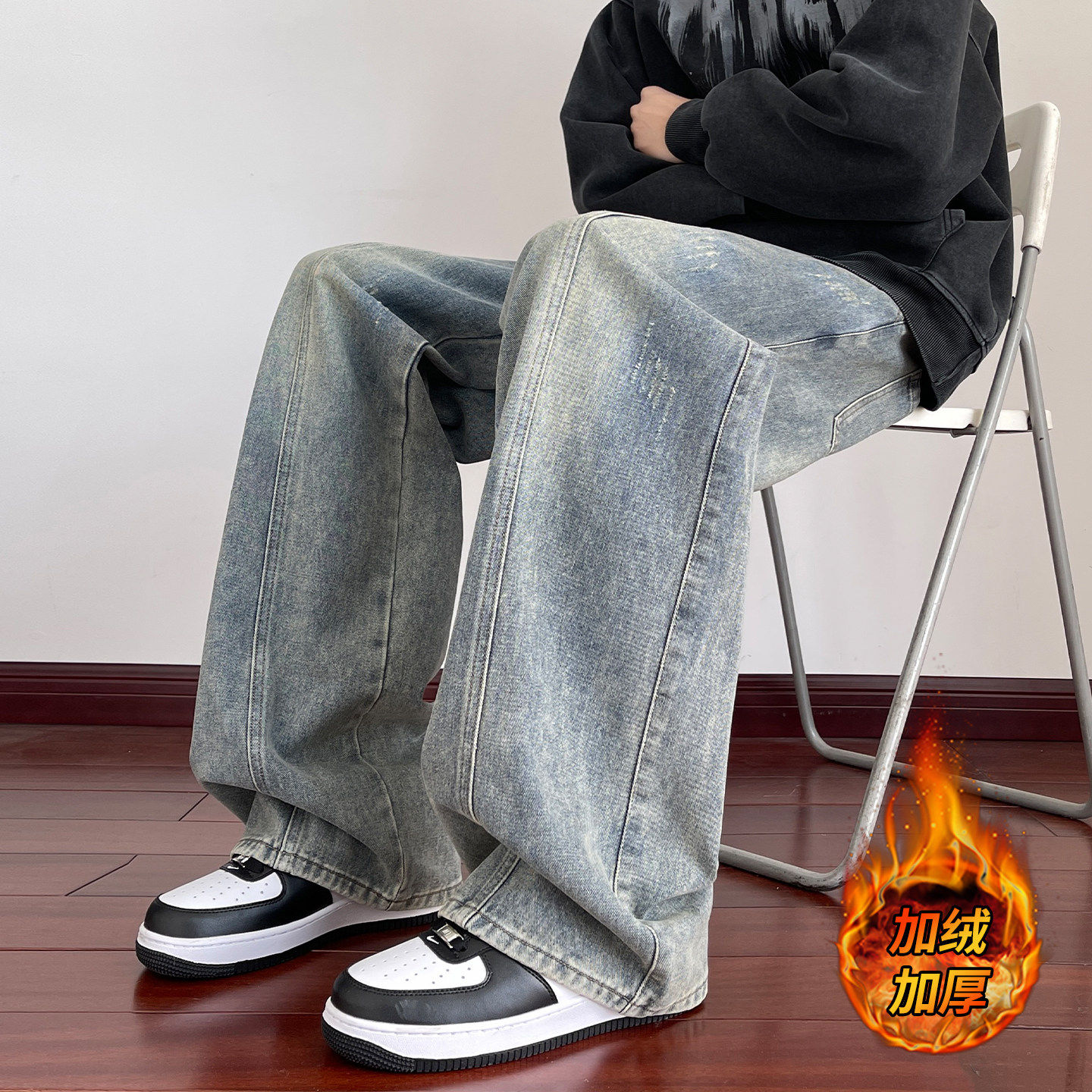 加绒牛仔裤子男秋冬季加厚保暖复古长裤男款美式风宽松直筒阔腿裤,男装,牛仔裤,淘宝优惠券,粉丝福利购,淘宝优惠卷
