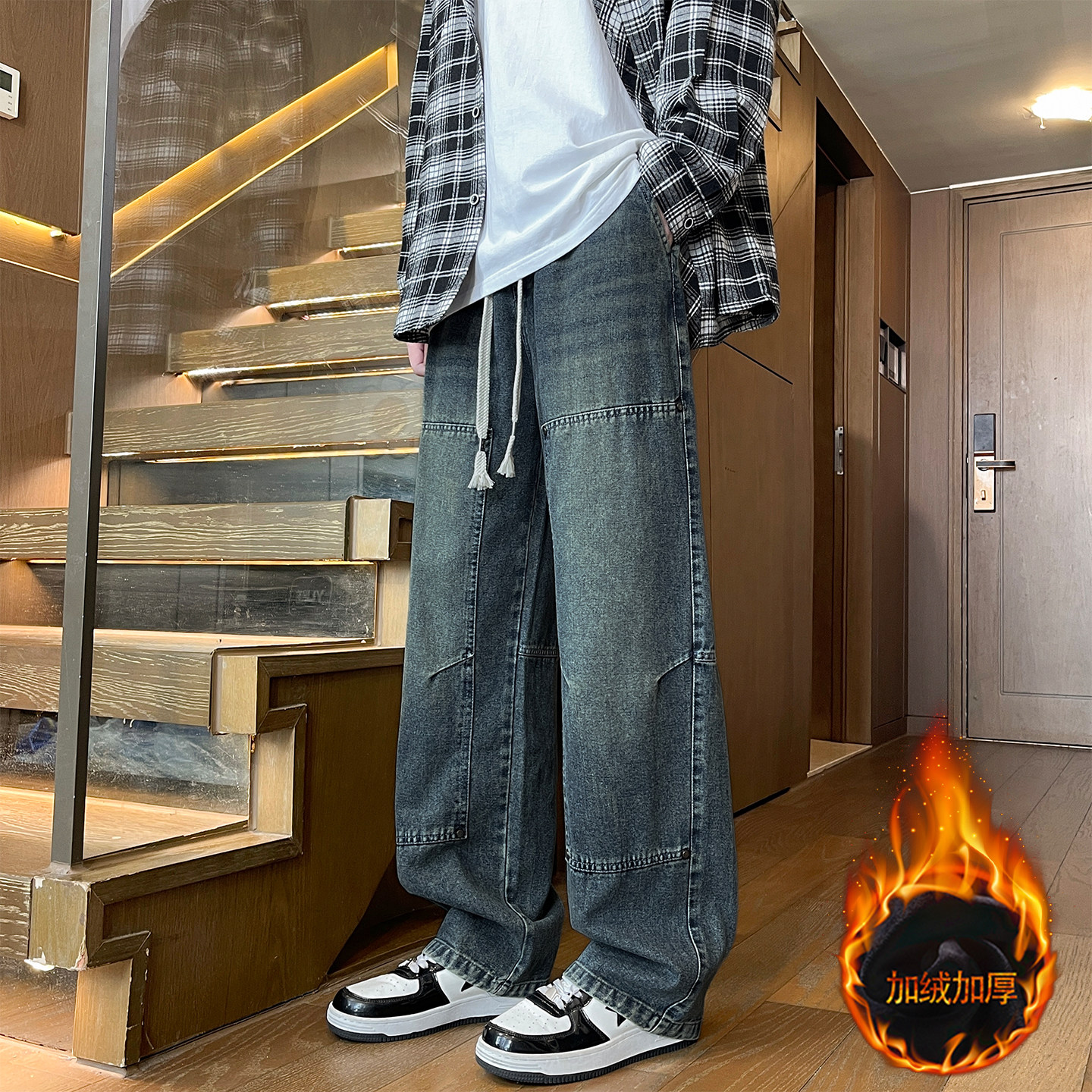 秋冬季新款牛仔长裤子男生加绒加厚中学生青少年直筒休闲裤男装士