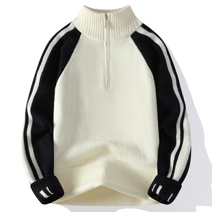 半高领拉链毛衣男生秋冬季新款加绒初中学生青少年加厚打底针织衫