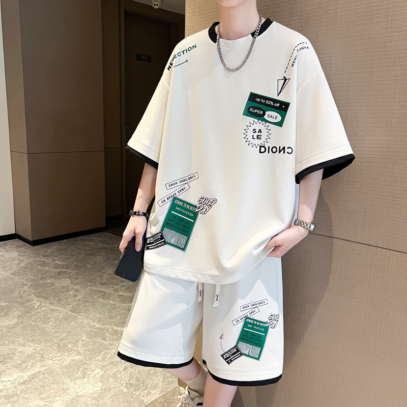 青少年冰丝短袖t恤男孩夏季新款初中学生帅气大童男装运动套装潮