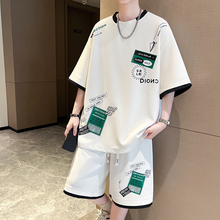 青少年冰丝短袖t恤男孩夏季新款初中学生帅气大童男装运动套装潮