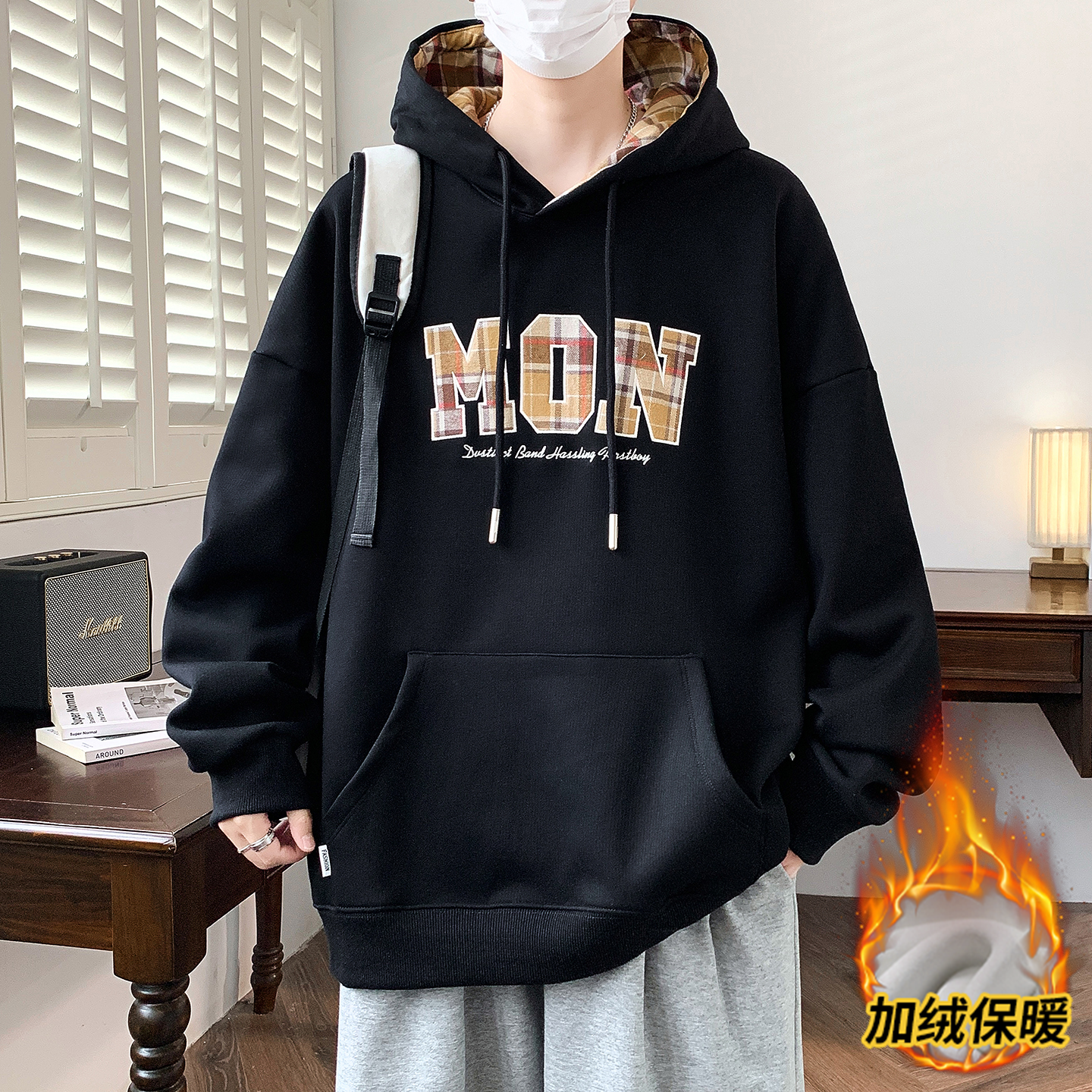 秋冬季新款加绒连帽卫衣男孩初高中学生青少年大童加厚保暖上衣服