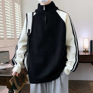 加绒加厚学生毛线衣青少年针织衫 半高领拉链立领毛衣男秋冬季 新款