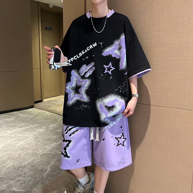 圆领短袖t恤男孩初中学生宽松青少年夏季新款大童休闲运动套装潮