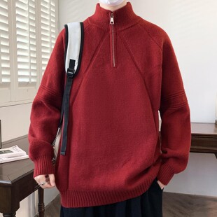 半拉链毛衣男生秋冬季新款初中学生毛线衣服青少年针织打底衫男装