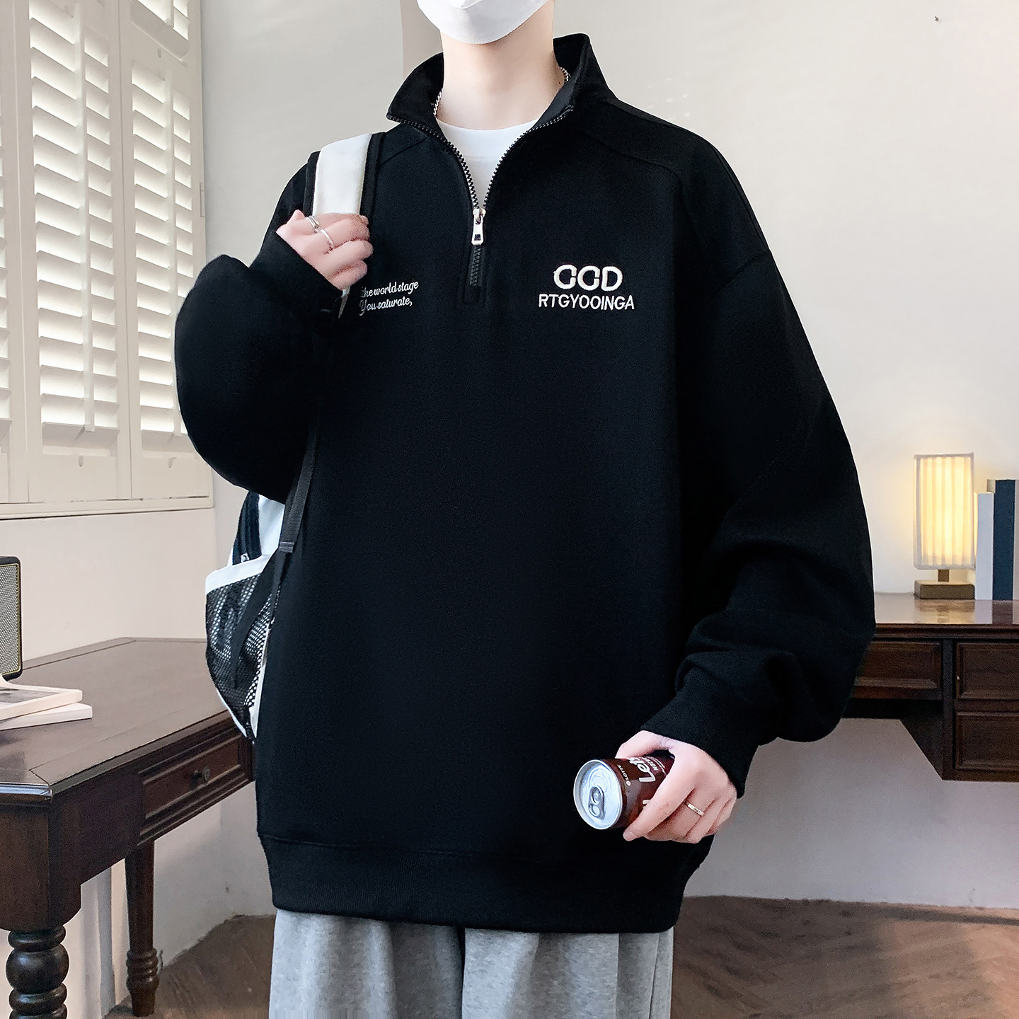半拉链立领卫衣男生春秋季新款初中学生青少年上衣服长袖t恤男装