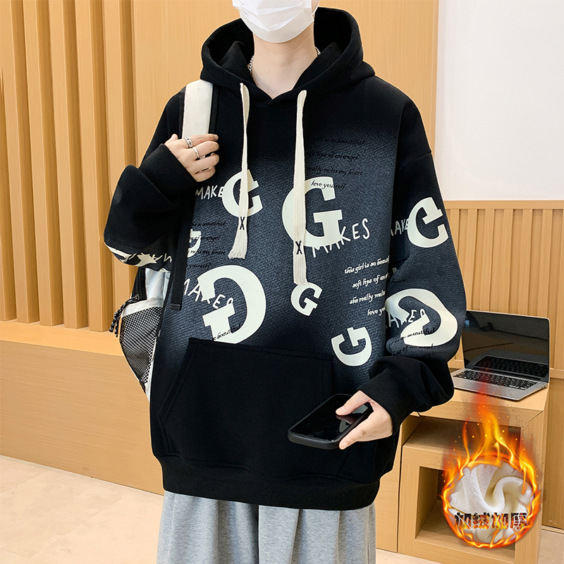 连帽卫衣男孩秋冬季新款青少年初中学生休闲加绒加厚男装运动上衣