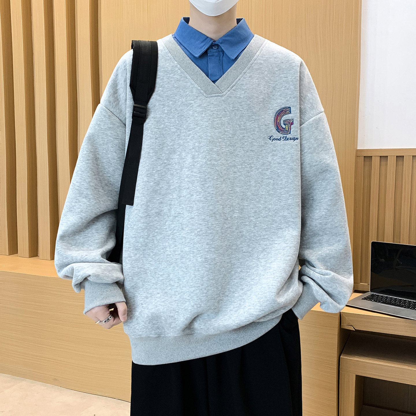 假两件衬衫领卫衣男孩春秋季新款大学生青少年潮牌长袖t恤男装士