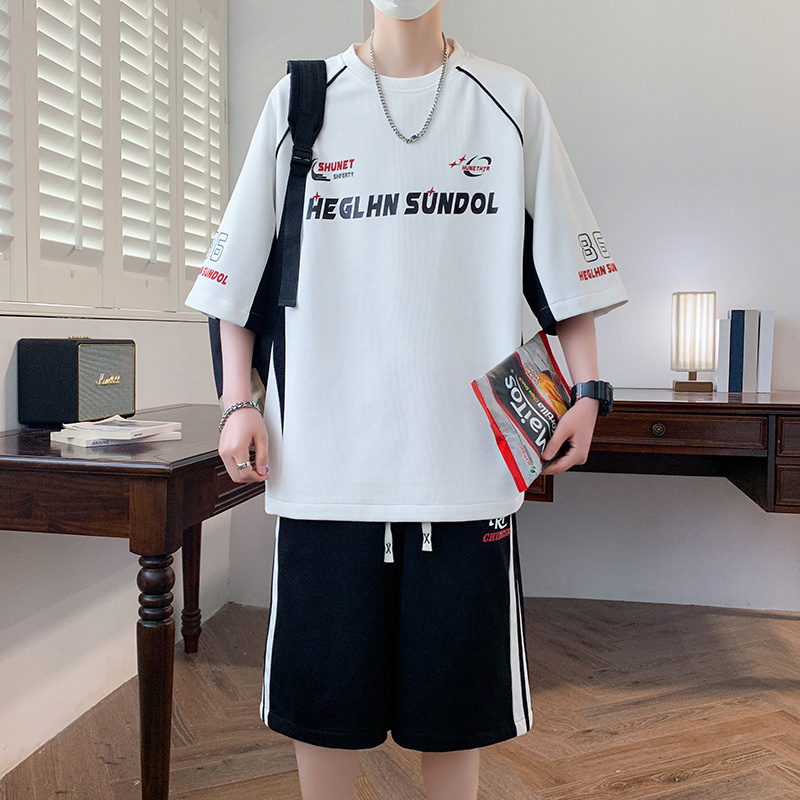 短袖t恤男孩夏季新款青少年初高中学生冰丝套装大童运动衣服潮牌