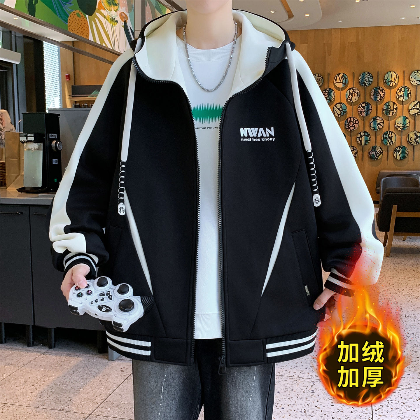 秋冬季新款开衫卫衣男孩中学生加绒加厚夹克青少年棒球服外套男装