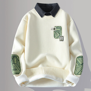 假两件衬衫领毛衣男生秋冬季新款青少年加绒加厚针织打底衫男装士