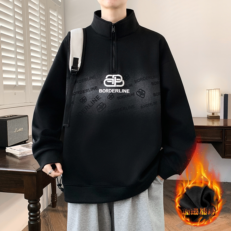 半拉链立领卫衣男生加绒加厚秋冬季新款休闲美式男装保暖上衣服潮