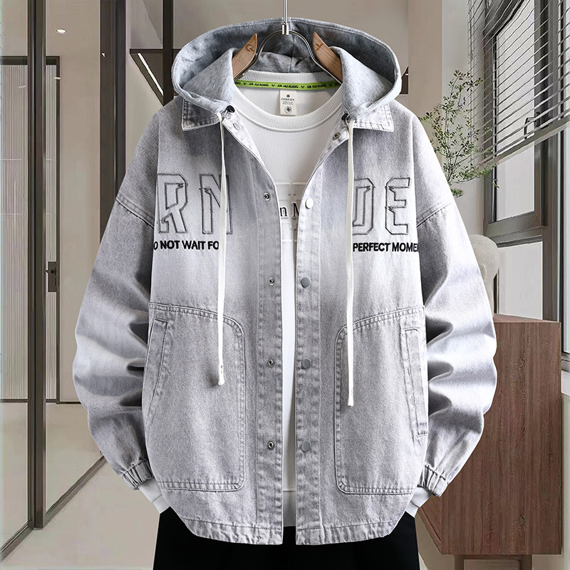 青少年水洗牛仔外套男生春秋季新款大学生夹克男装潮牌连帽上衣服