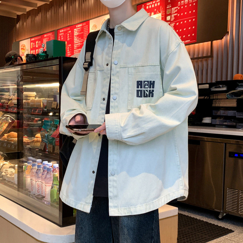 水洗牛仔外套男生春秋季新款青少年学生衬衫式夹克男装上衣服潮牌