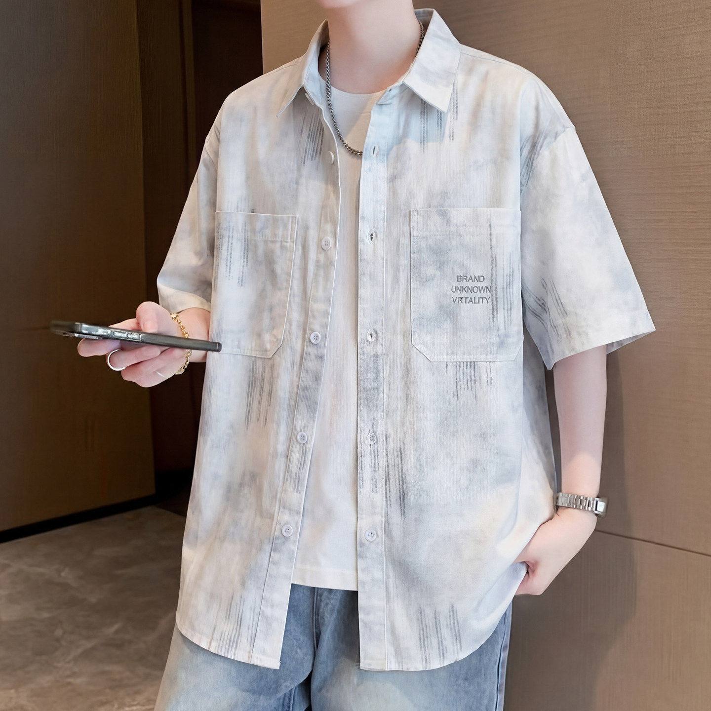 纯棉短袖衬衫外套男夏季新款青少年帅气学生夹克男装士上衣服潮牌