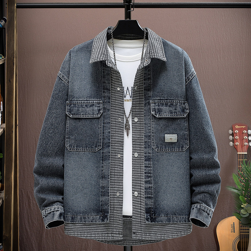 复古假两件牛仔夹克男春秋季新款青少年宽松休闲衬衫外套男装潮流