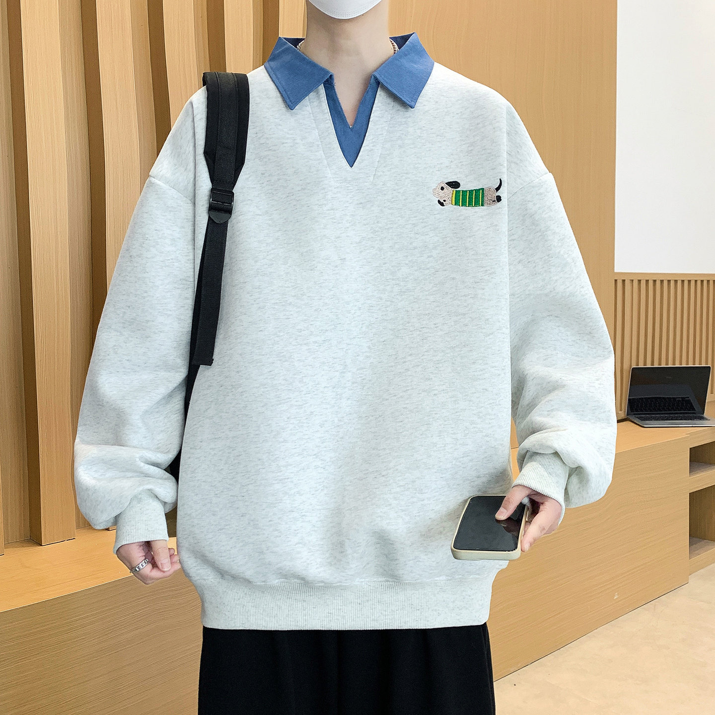 翻领卫衣男生春秋季新款青少年宽松polo衫学生长袖t恤男装士潮牌