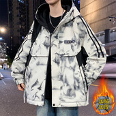 学生加绒加厚夹克青少年男装 扎染外套男生秋冬季 新款 士保暖棉衣服