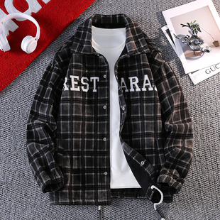 春秋季新款美式长袖男生格子翻领休闲潮牛仔外套宽松夹克复古衬衫