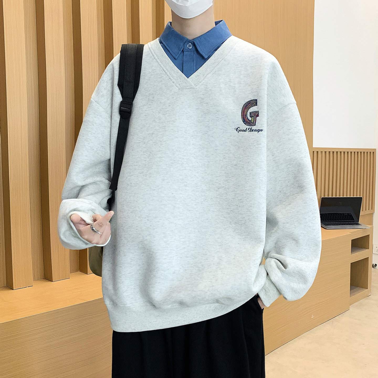 春秋季新款衬衫领假两件卫衣男生青少年学生打底衫长袖t恤男装士