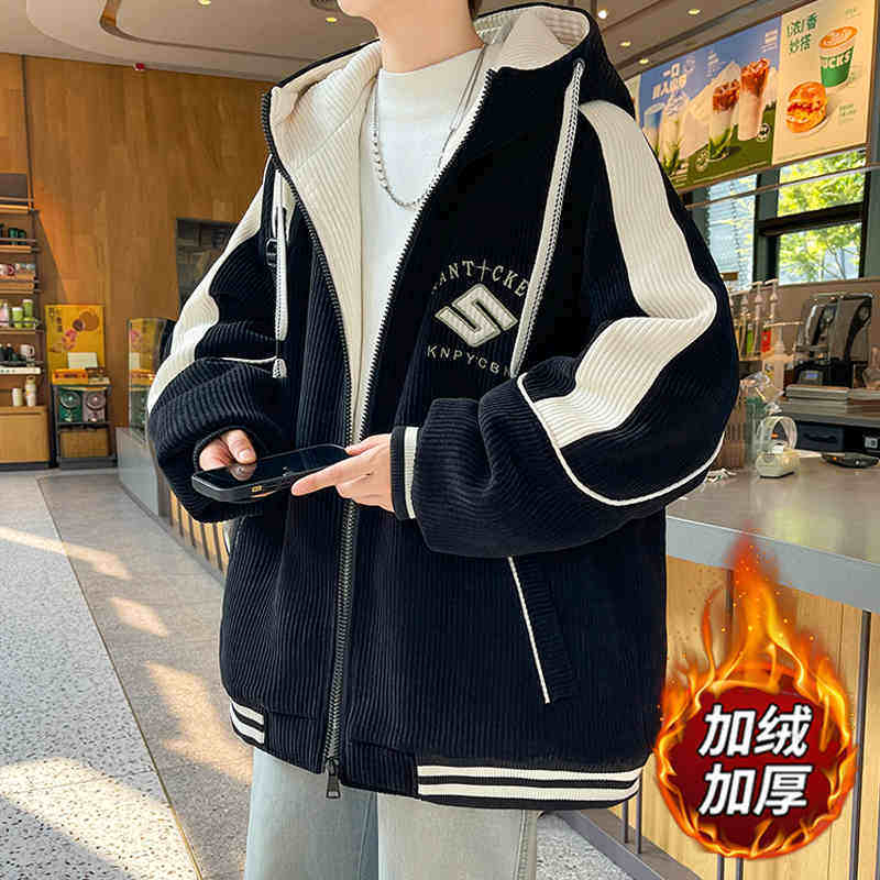 秋冬季新款加绒外套男孩初高中学生加厚棒球服青少年大童夹克潮牌