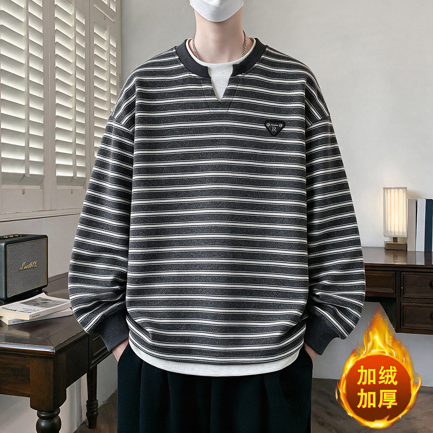 假两件卫衣男生秋冬季新款青少年加绒加厚上衣服帅气长袖t恤男装