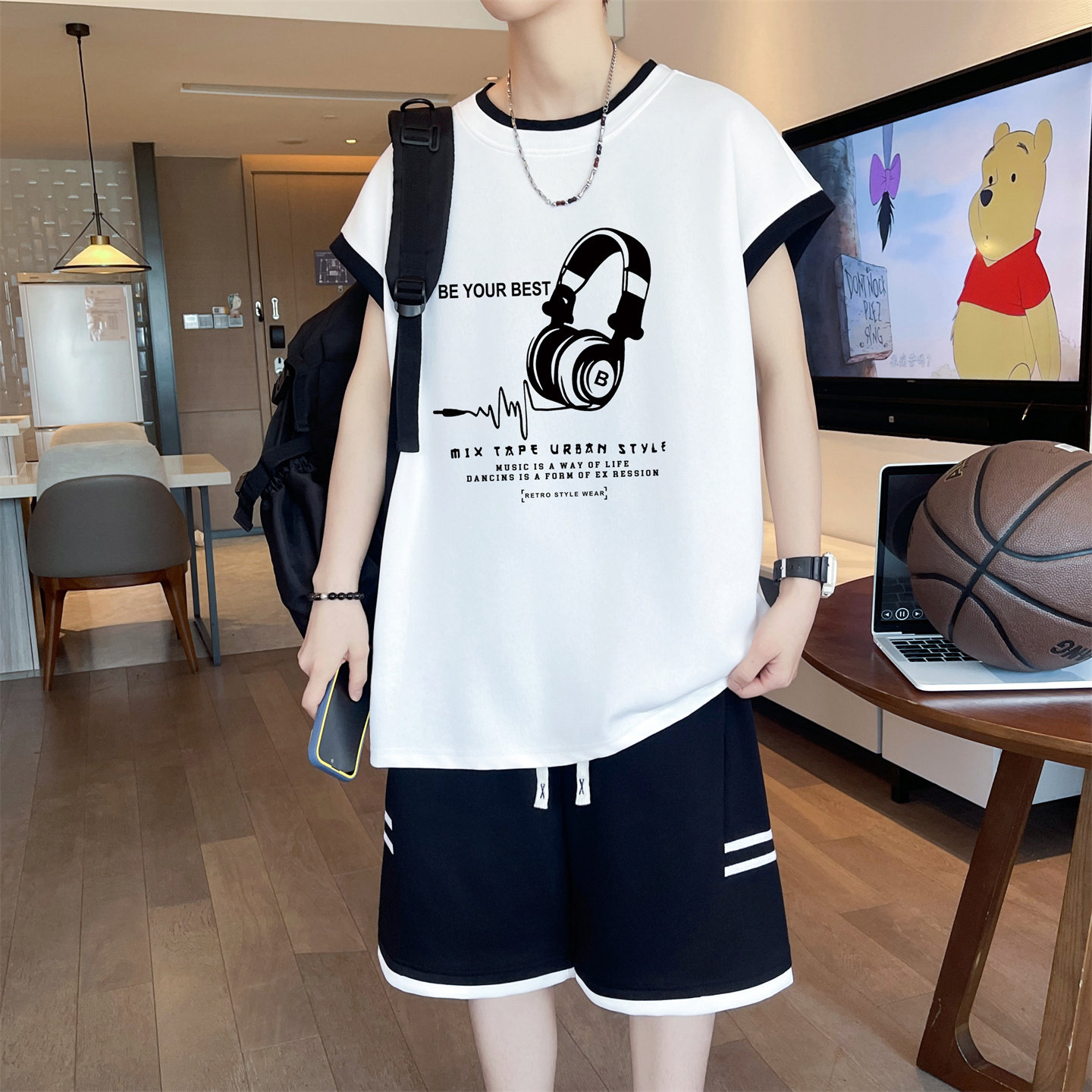 凉感透气夏季背心短袖T恤套装潮