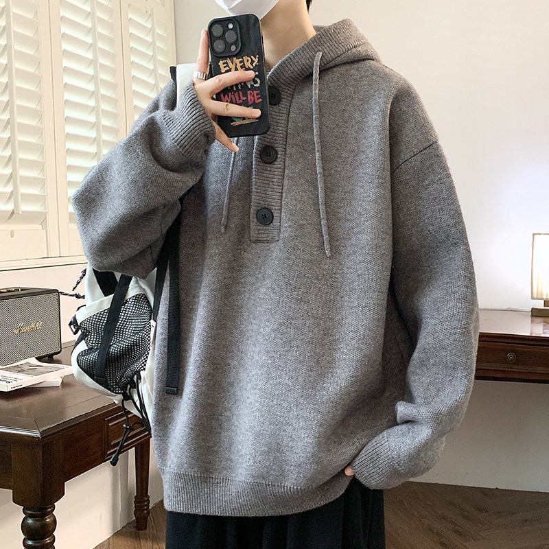 连帽毛衣男生秋冬季新款学生毛线衣服青少年保暖针织打底衫男装士