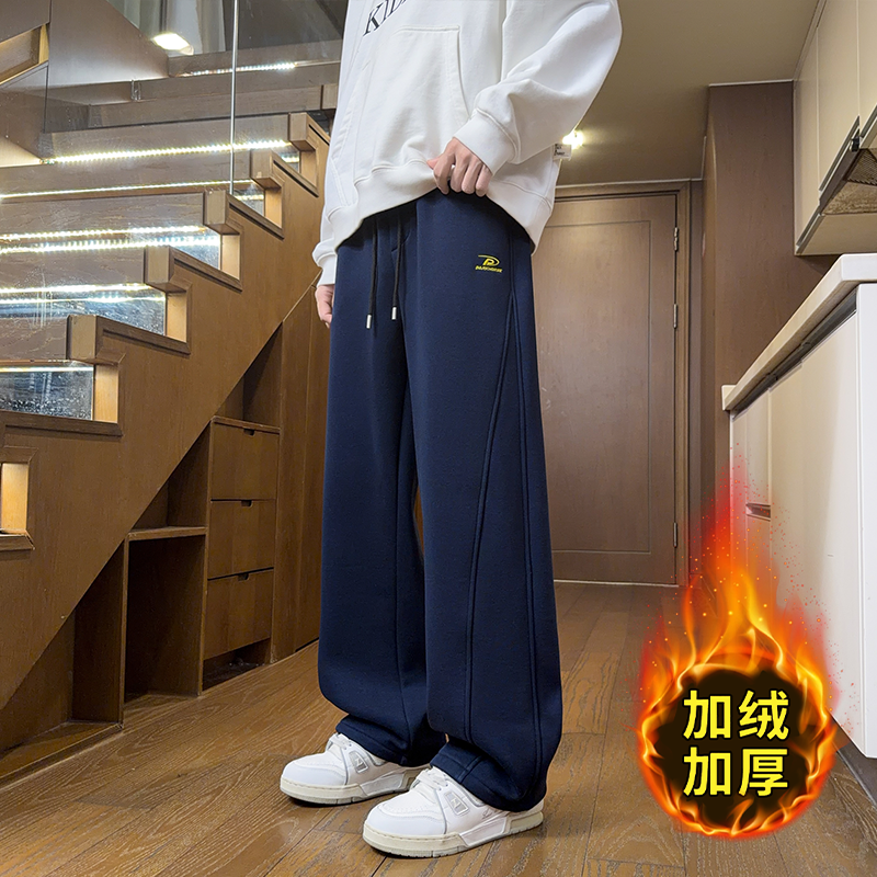 美式男生新款加绒加厚休闲裤长裤秋冬男装保暖帅气潮牌条纹直筒裤