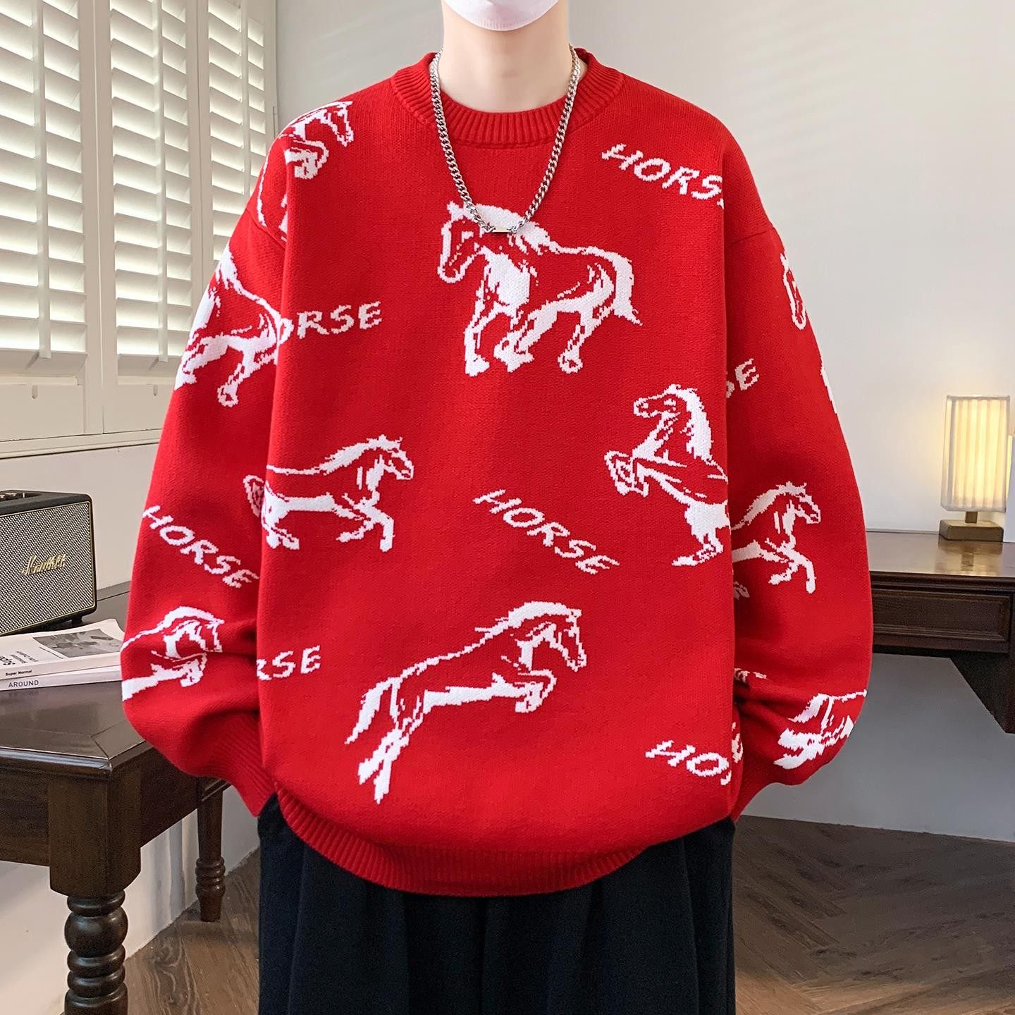 红色毛衣男孩秋冬季新款加厚初中学生青少年大童打底针织衫男装潮